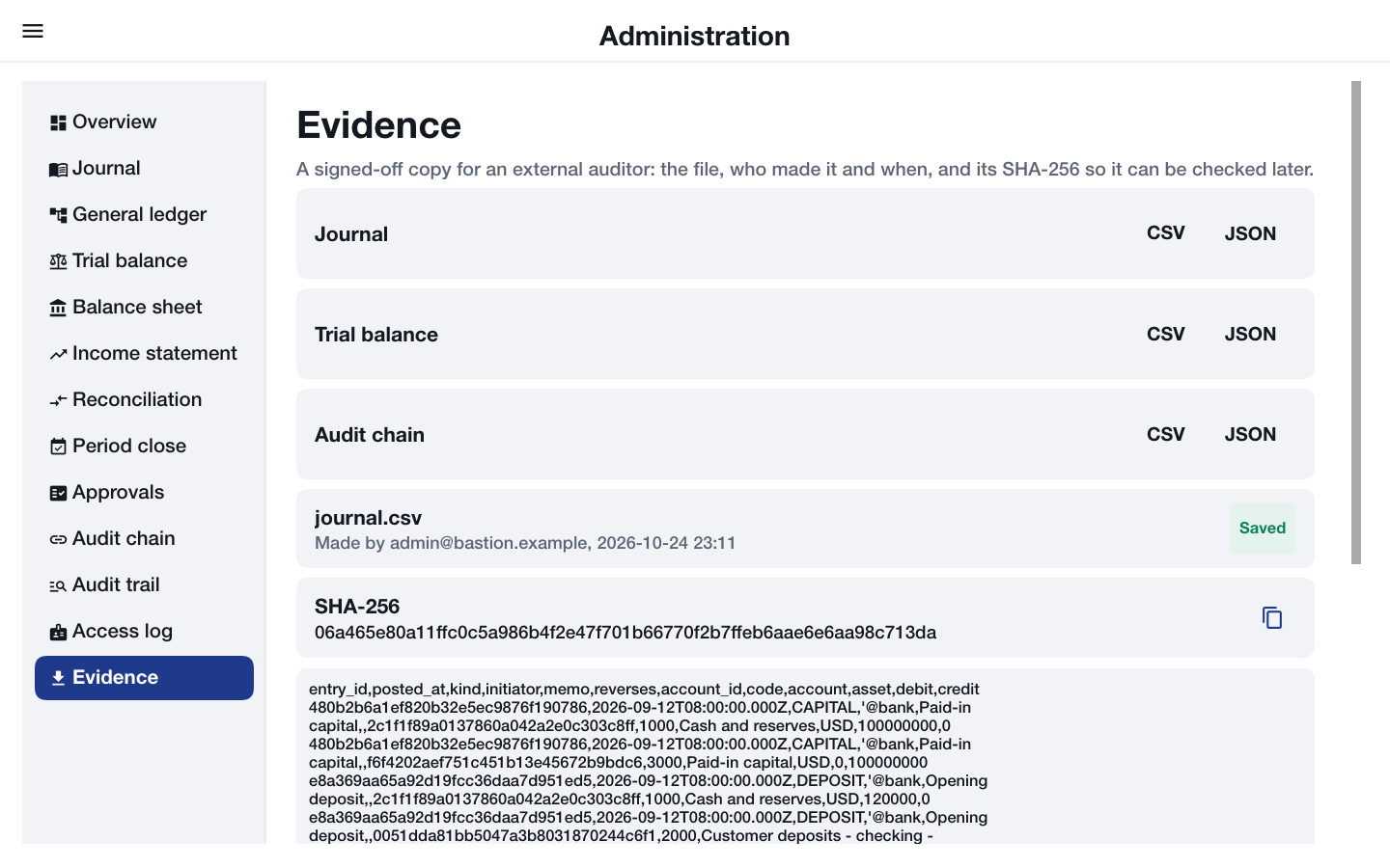 The evidence section after a CSV export: the file name, who made it and when, its SHA-256 digest and the first lines