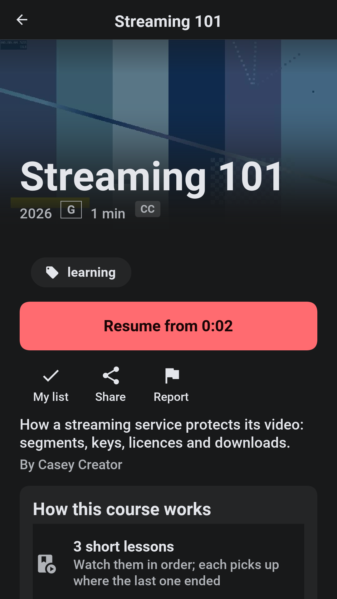 A title’s page with its artwork, year, age rating, length and HD badge, its content advisories, genre chips, a Play button and buttons to add it to the list, share it and report it